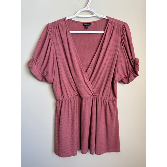 torrid Tops - Torrid 0 Faux Wrap‎ Ribbed Knit Peplum Top Puff Sleeve Pink Womens Feminine Boho